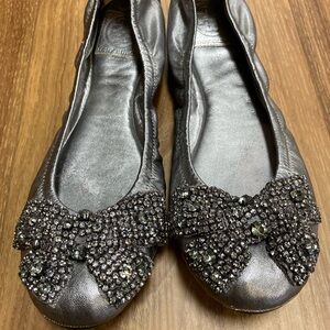 Tory Burch Silver Flats with Bow Embellishment